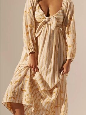 Anthropologie White Maxi Dress with Mustard Embroidery